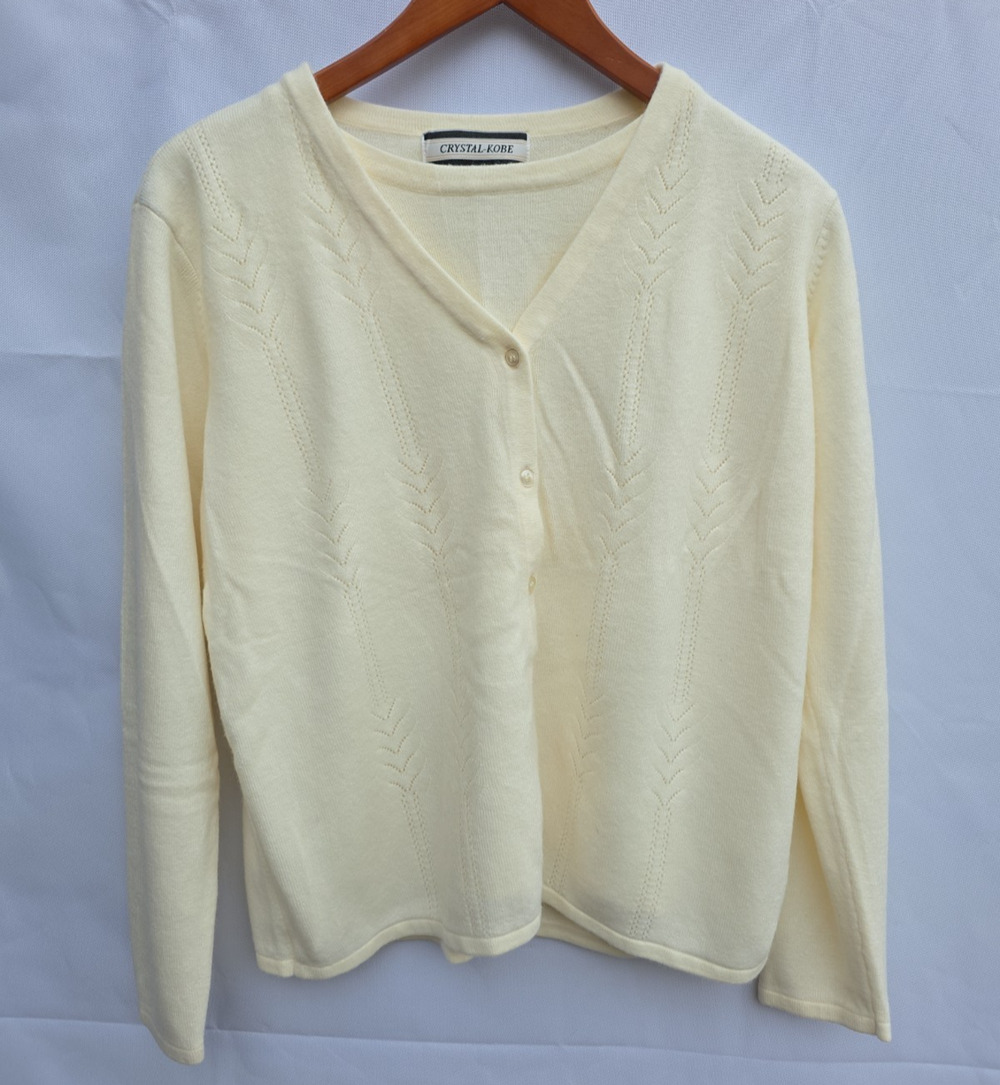 Crystal Kobe Ivory Pointelle Knit Button Front Cardigan Sweater Women’s L